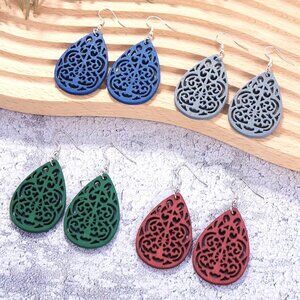 Earrings Wood 4pr Hollow Cut Out Boho Dangle Boho Carved Hippie Trendy Stylish